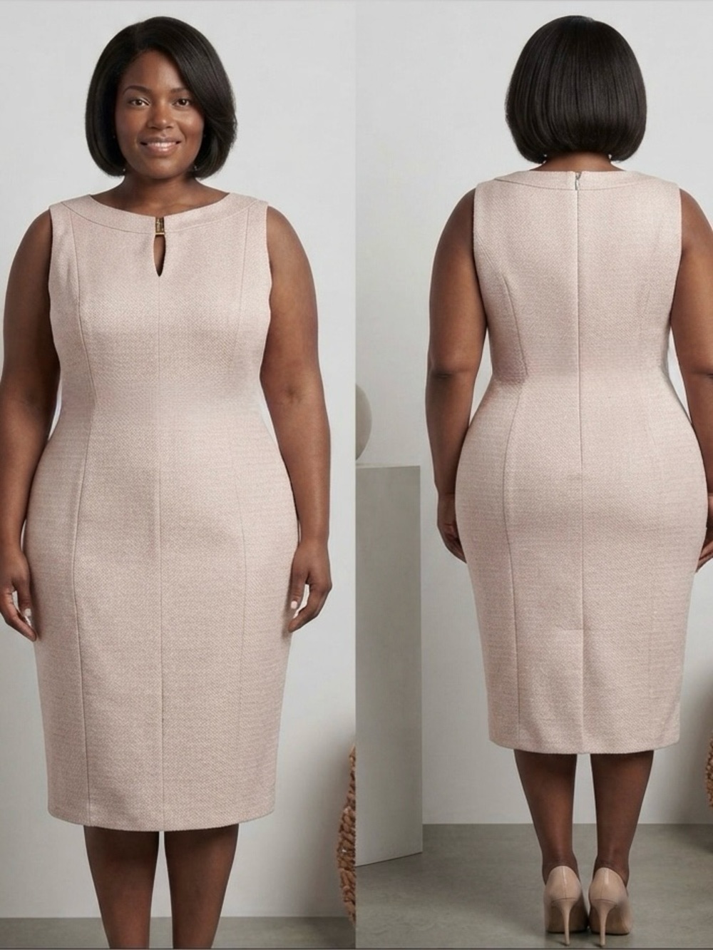 Elegant Chelsea Rose Textured Sheath Dress with Gold Neckline Detail - Size 18